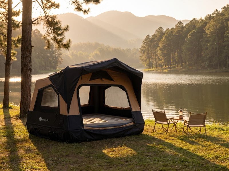 Carpa armada en el piso, a orillas de un lago