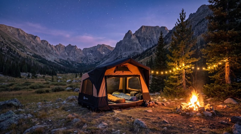Carpa PlayDo Skiff armada en un campamento de montaña al atardecer